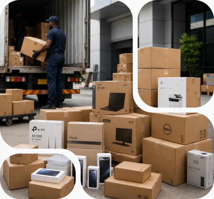 Bulk orders of laptops, printers, routers and phones being unloaded and staged for an organization